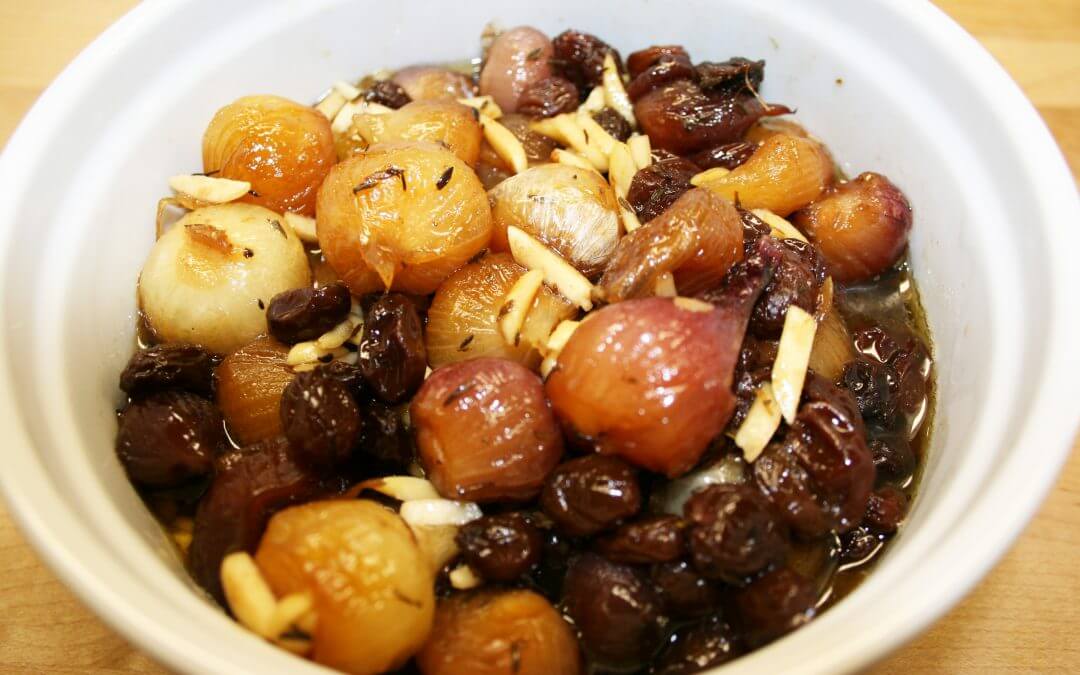 Glazed Pearl Onions with Raisins and Almonds