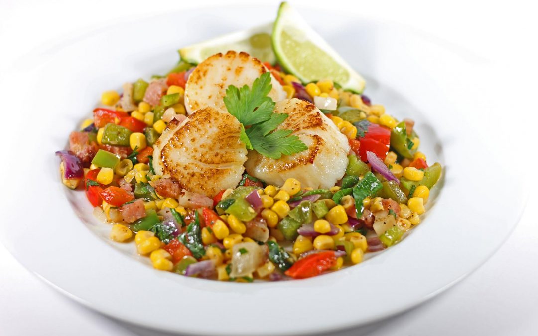 Seared Scallops with Bacon, Peppers and Corn inspired cuisine