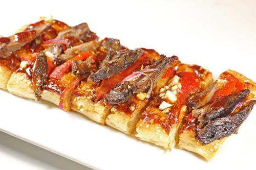 Flat Bread with Spicy Barbecue Sauce, Chev and Roasted Red Peppers