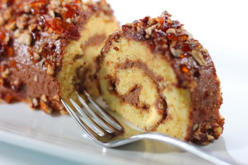 French Chocolate Cream Roll Cake and Pecan Praline