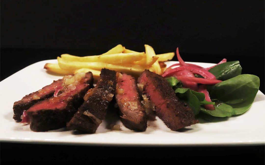 Flat Iron Steak, Fries and Caramelized Shallots