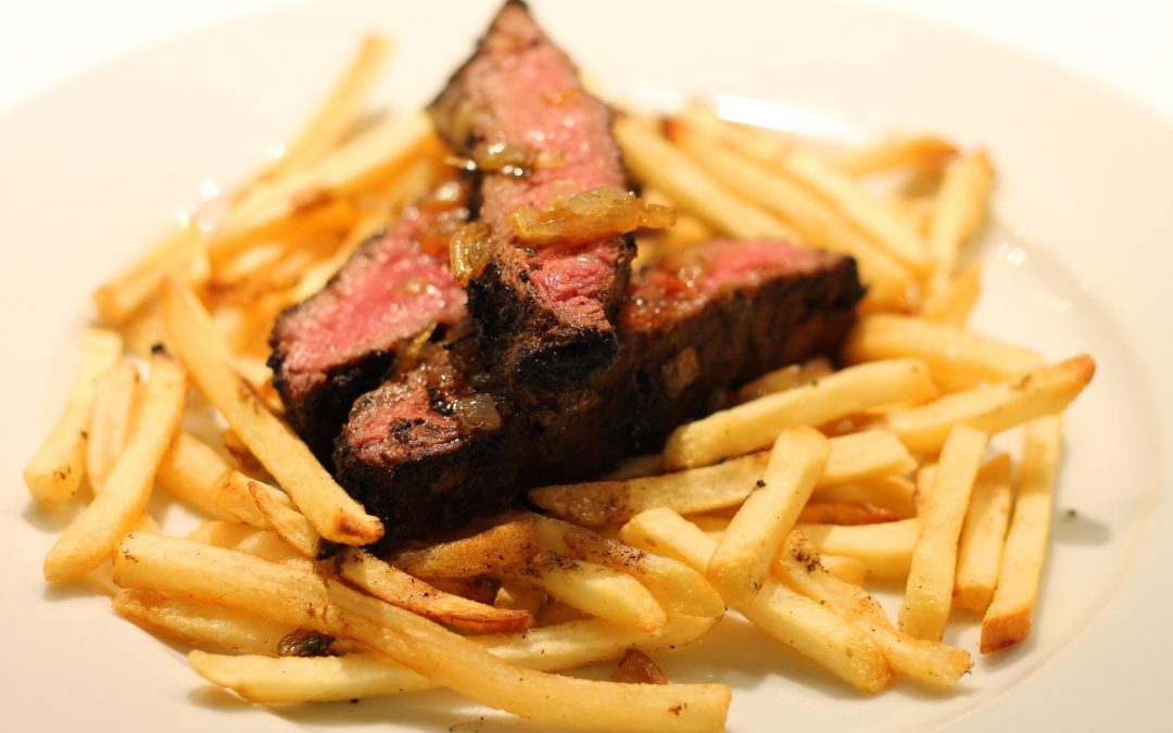 Flat Iron Steak, Fries and Caramelized Shallots
