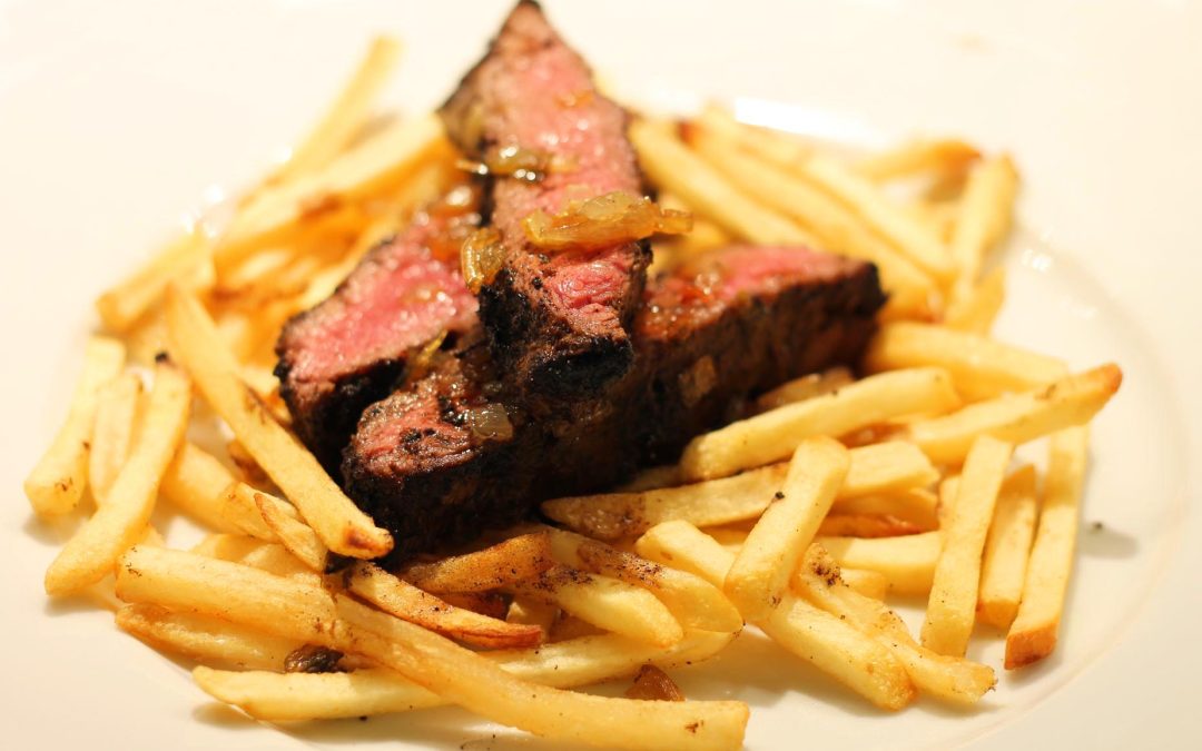 Flat Iron Steak, Fries and Caramelized Shallots