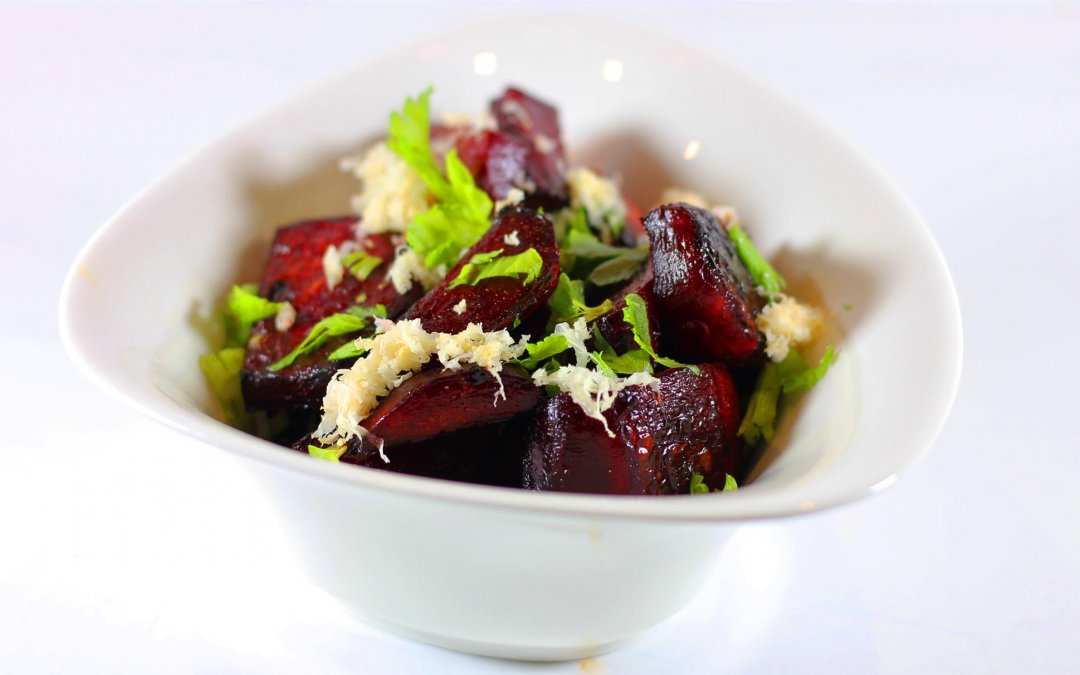 Roasted Beets with Grated Fresh Horseradish and Celery Tops