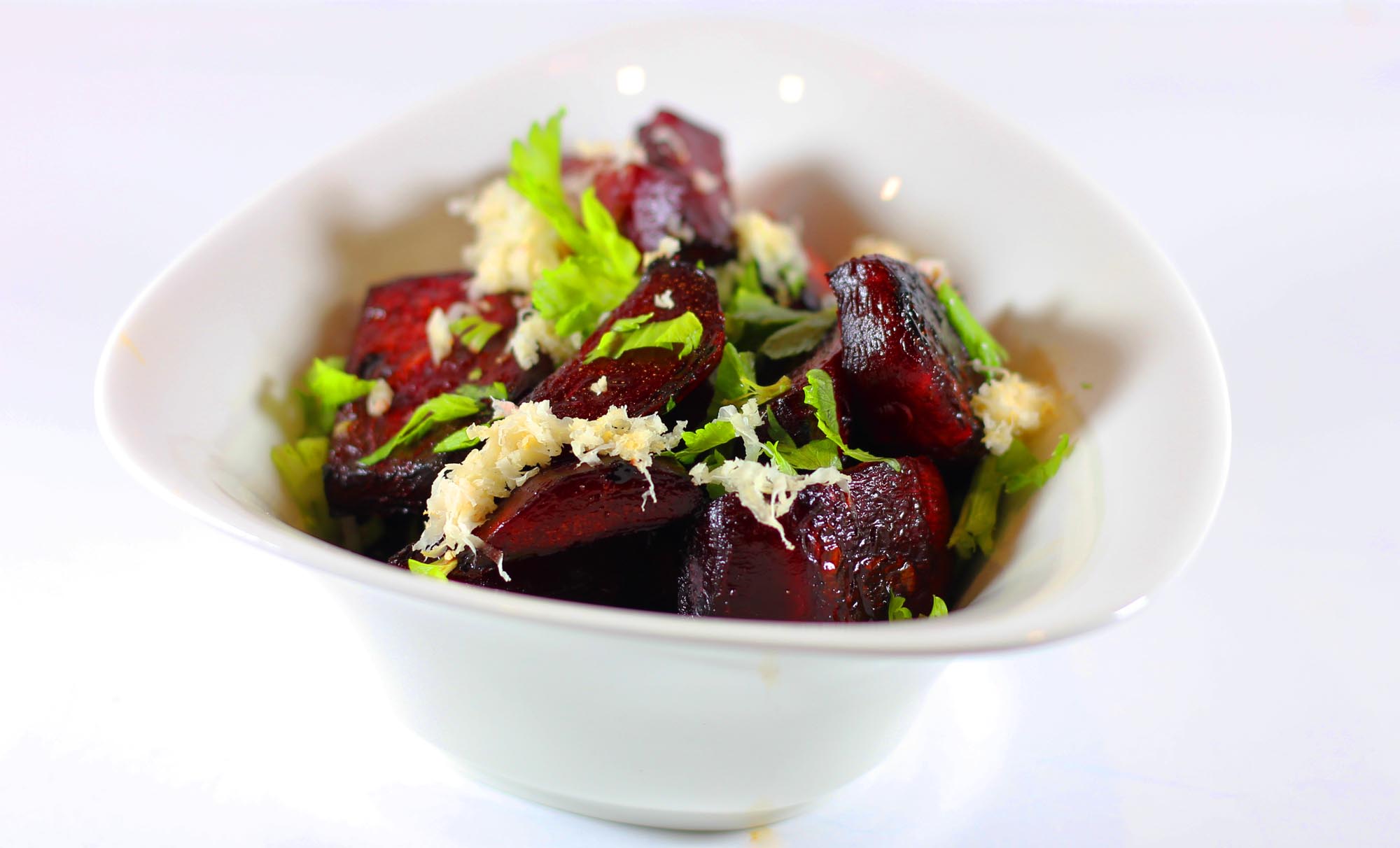 Roasted Beets with Grated Fresh Horseradish and Celery Tops - Inspired Cuisine