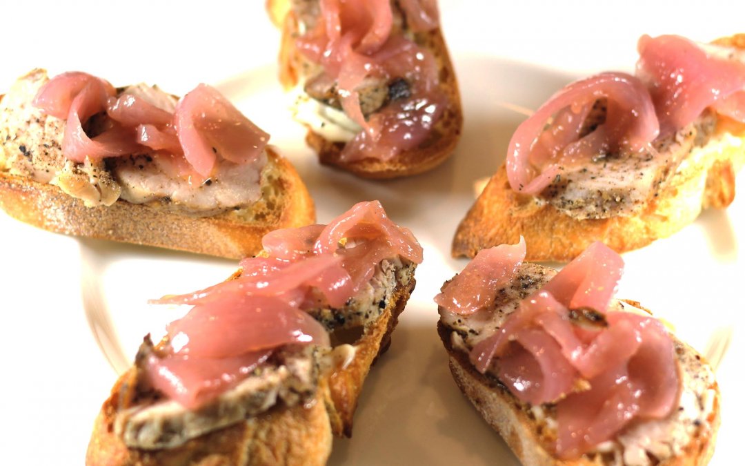 Grilled Pork Tenderloin on Toasted Baguette with Red Onion Jam