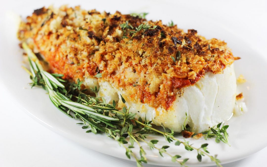 Cod Fillets with Tangy Puttanesca Sauce and a Spiced Toasted Crust