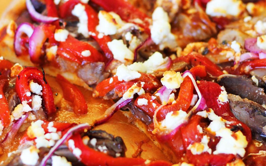 Flat Bread with Spicy Barbecue Sauce, Chev and Roasted Red Peppers