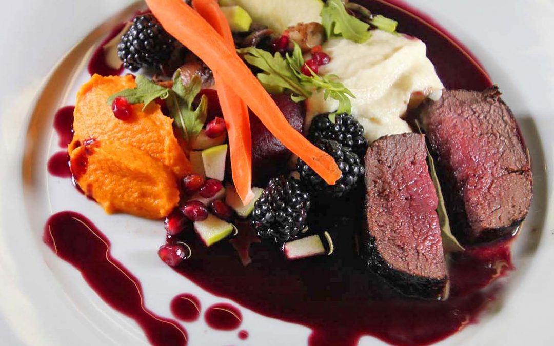 Venison with Roasted Root Vegetables and Red Wine Sauce