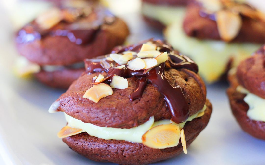 Dark Chocolate Whoopie Pies filled with Toasted Almond Cream
