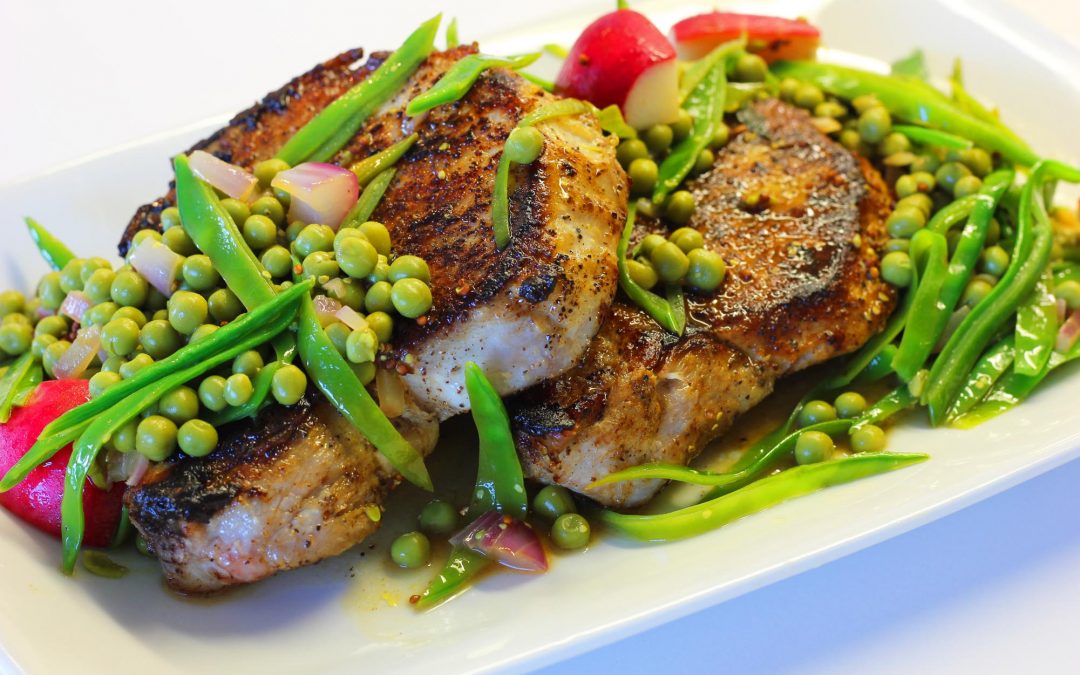 Pan Seared Pork Chops with Spring Vegetables