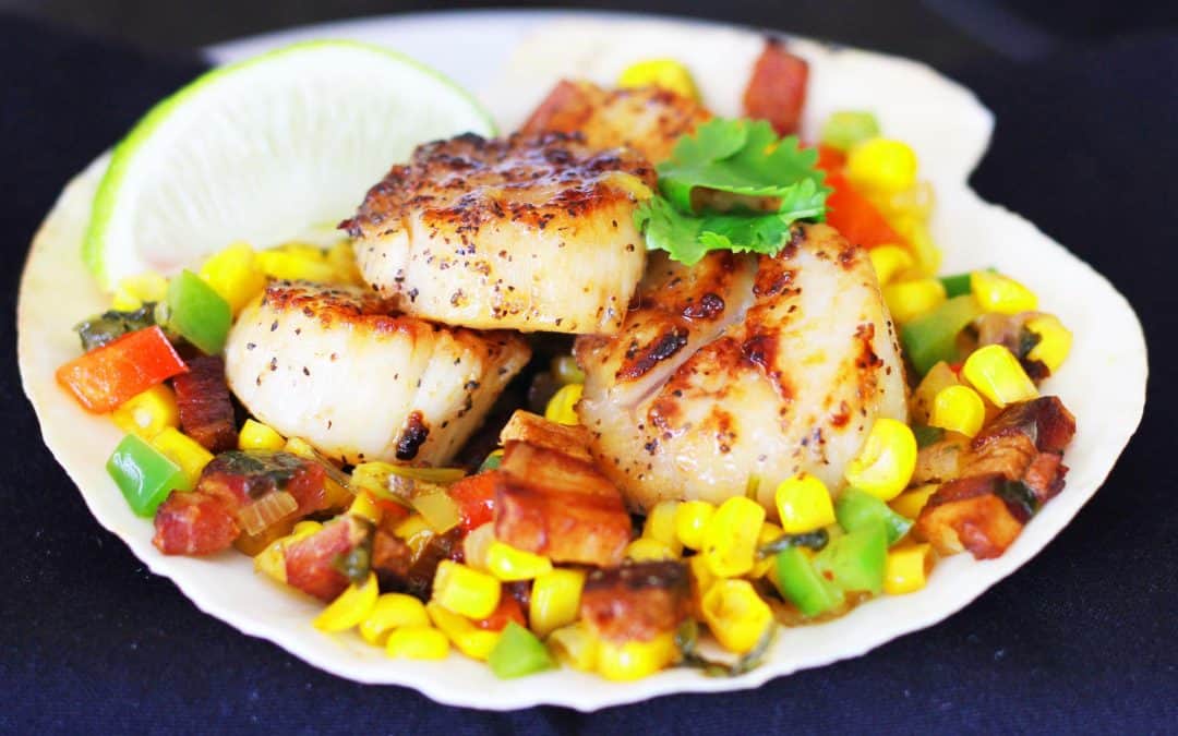 Seared Scallops with Bacon, Peppers and Corn