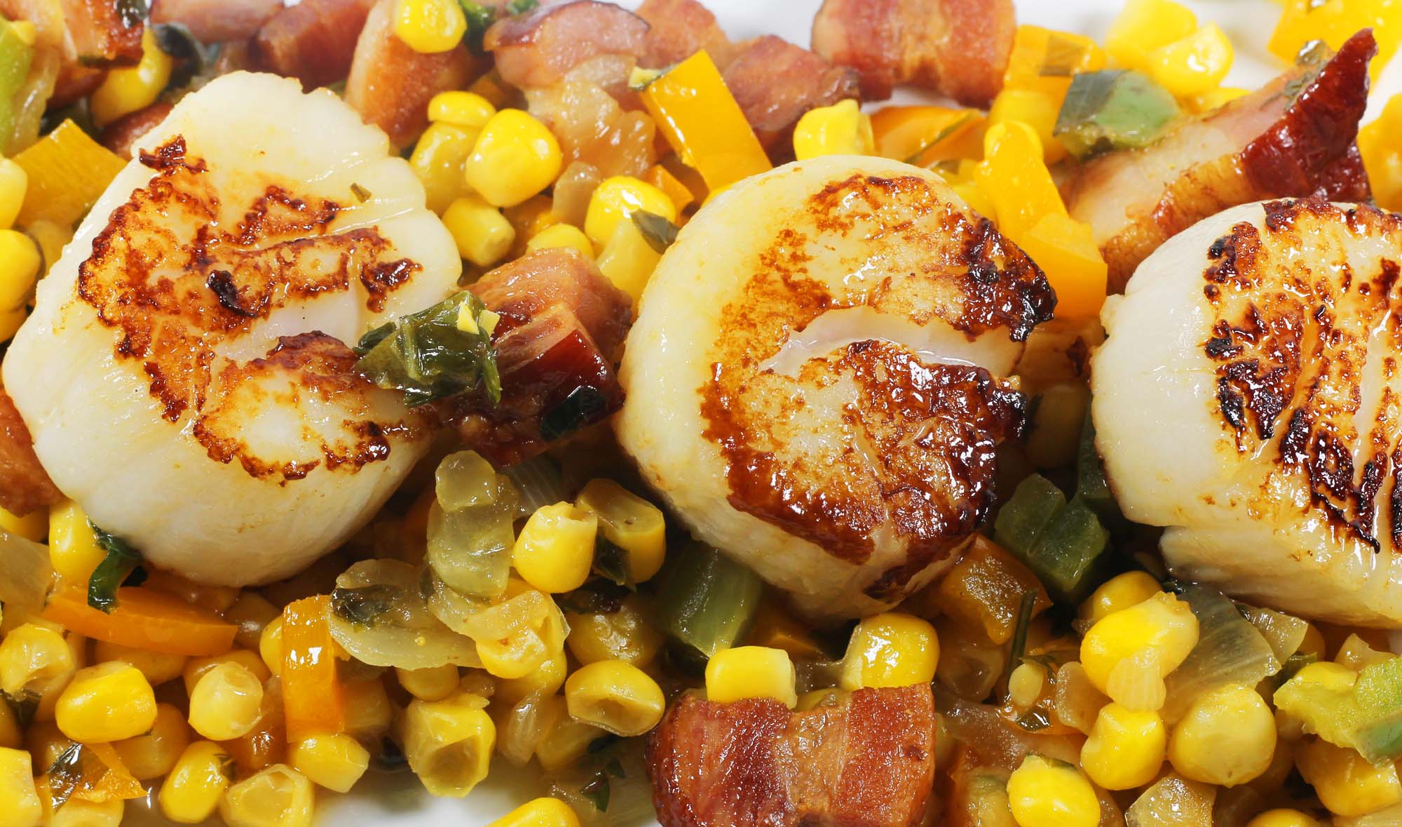 Seared Scallops with Bacon, Peppers and Corn Inspired Cuisine
