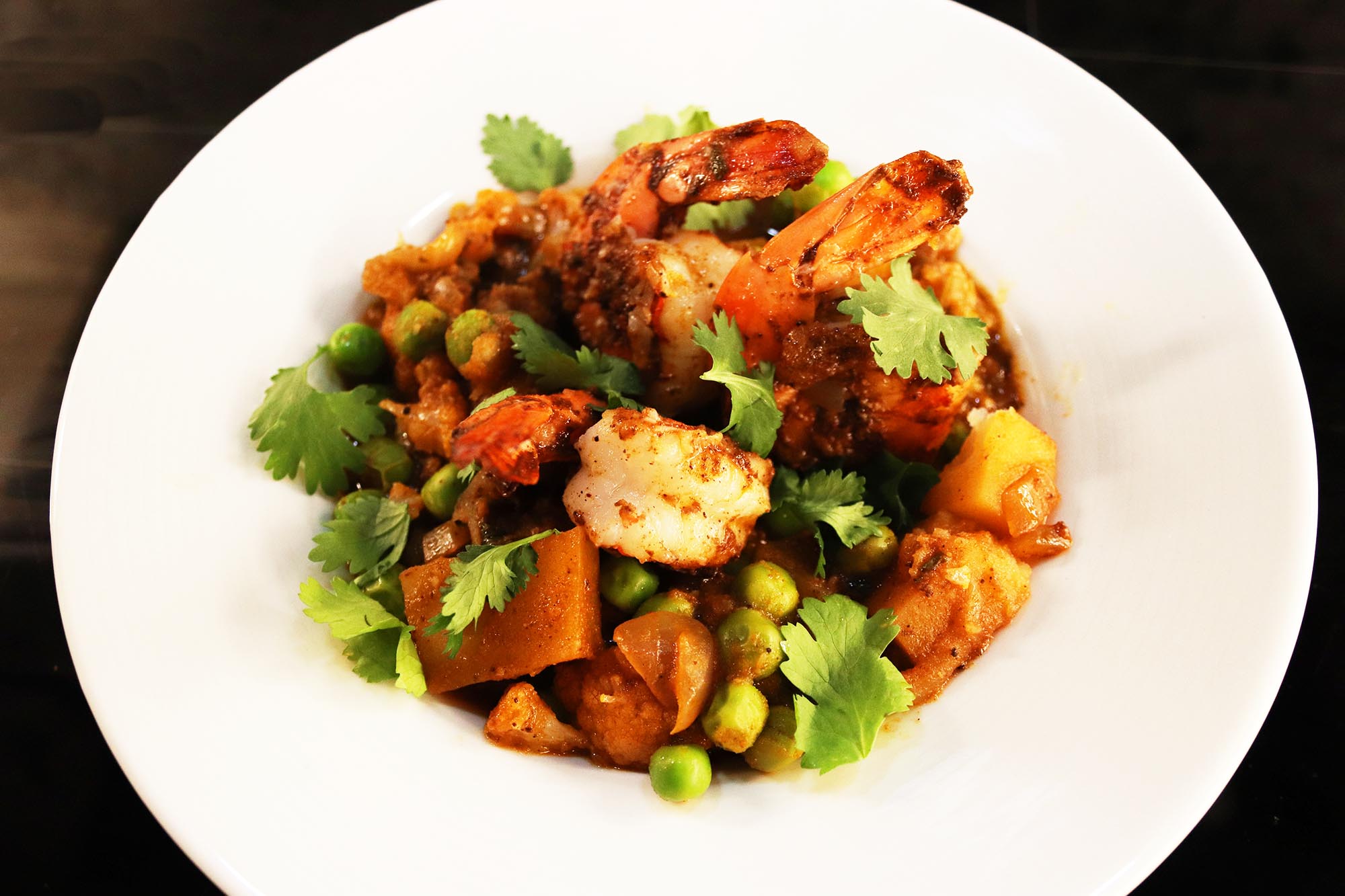Curried Shrimp, Potato, Cauliflower and Peas - Inspired Cuisine