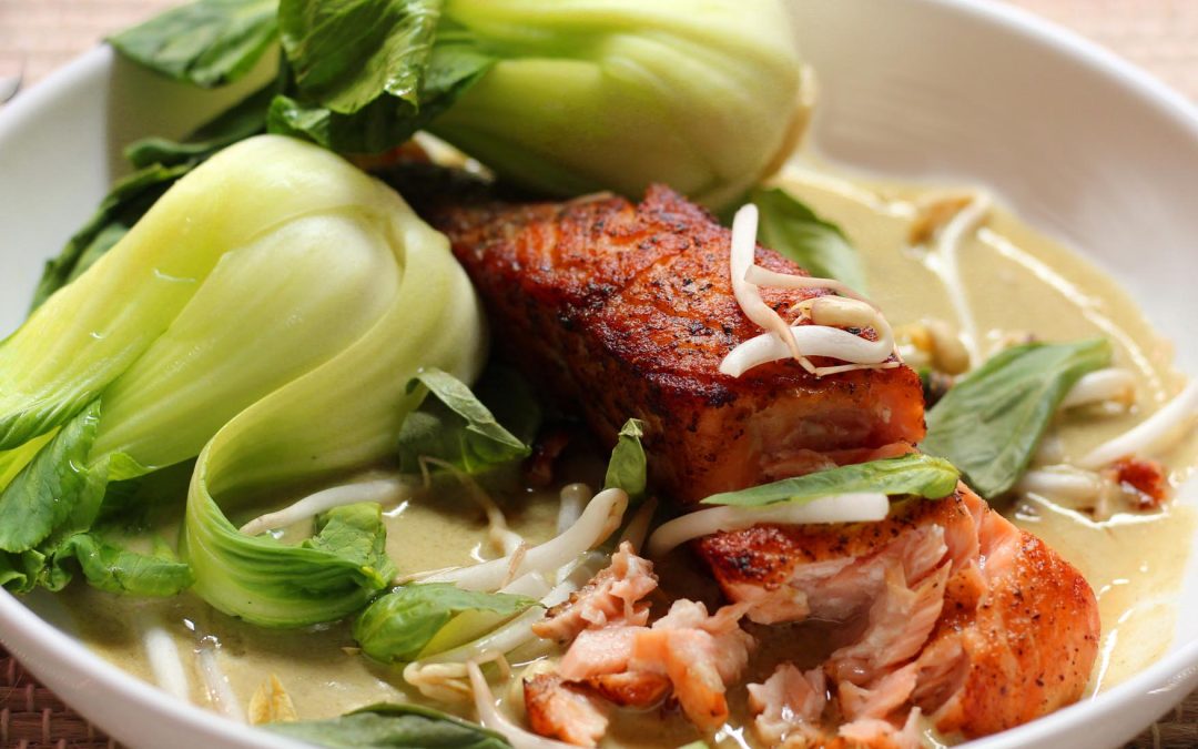 Pan Seared Salmon with Bok Choy in Thai Green Coconut Sauce
