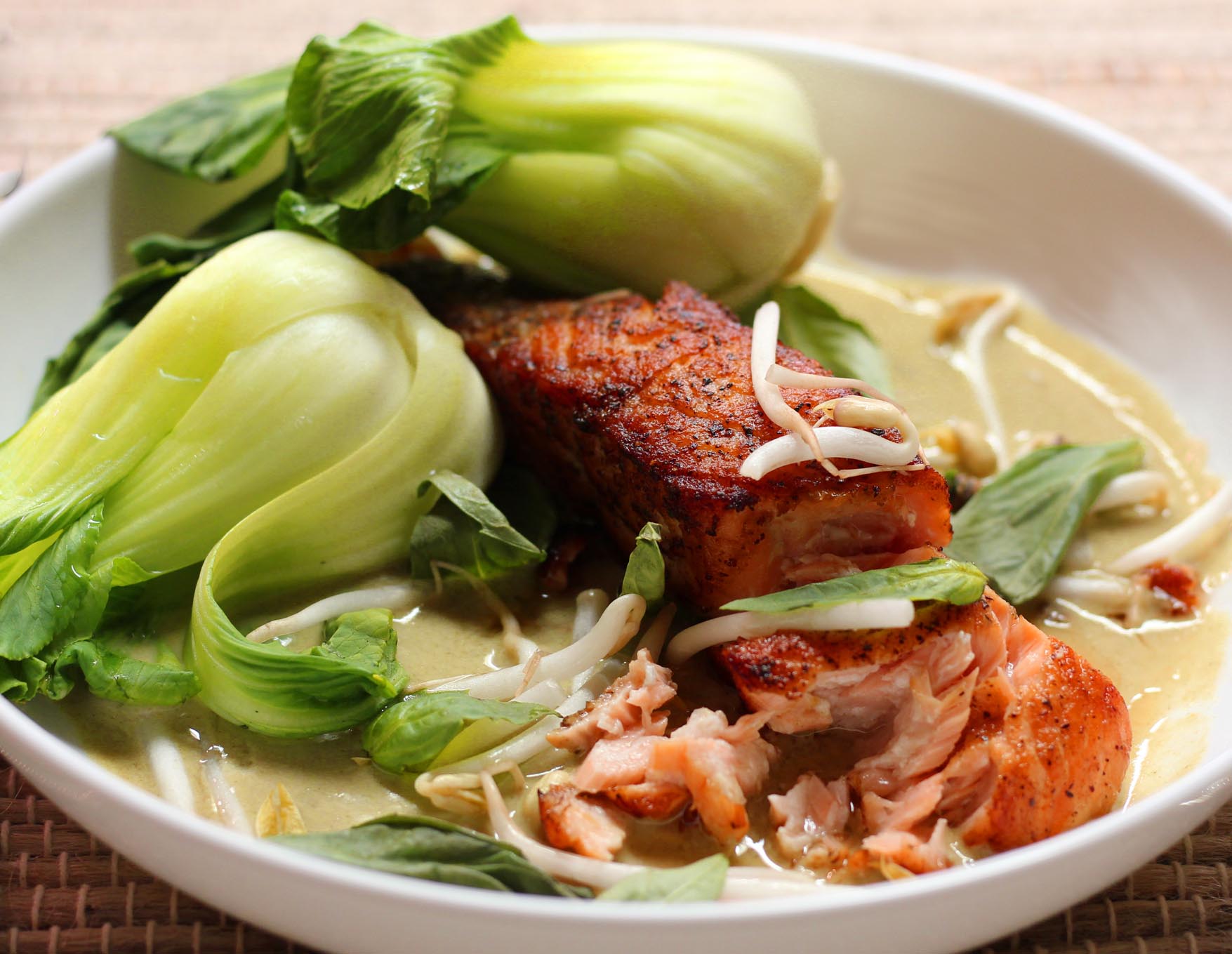 Pan Seared Salmon with Bok Choy in Thai Green Coconut Sauce - Inspired Cuisine