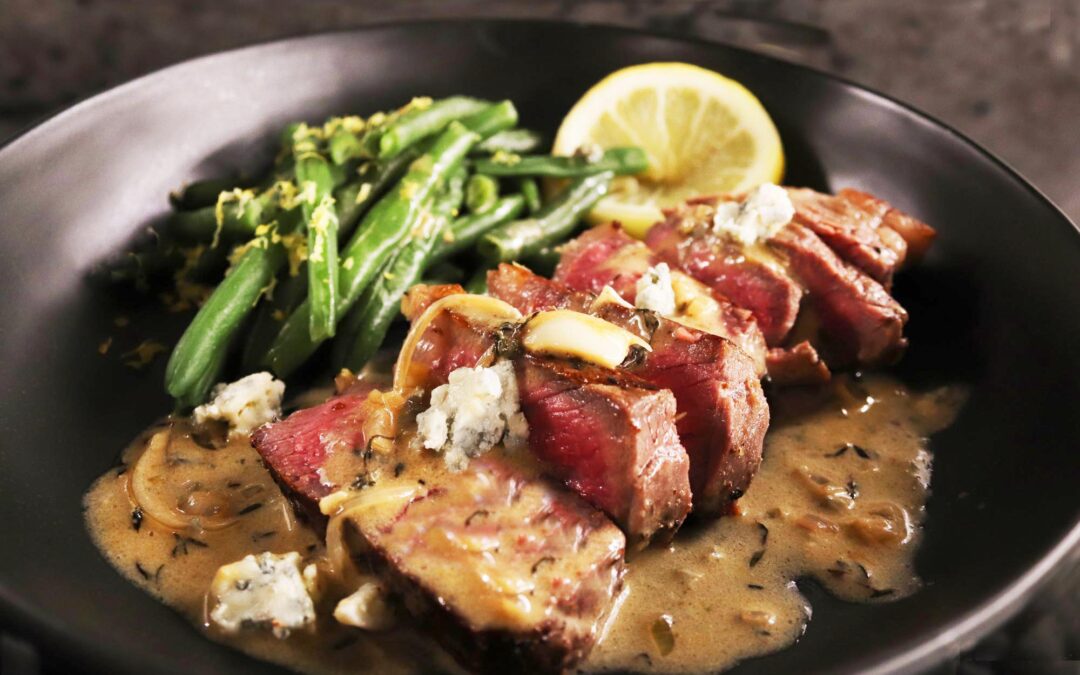 Pan Seared New York Strip with Blue Cheese Cream Sauce