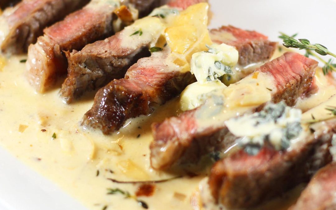 Pan Seared New York Strip with Blue Cheese Cream Sauce