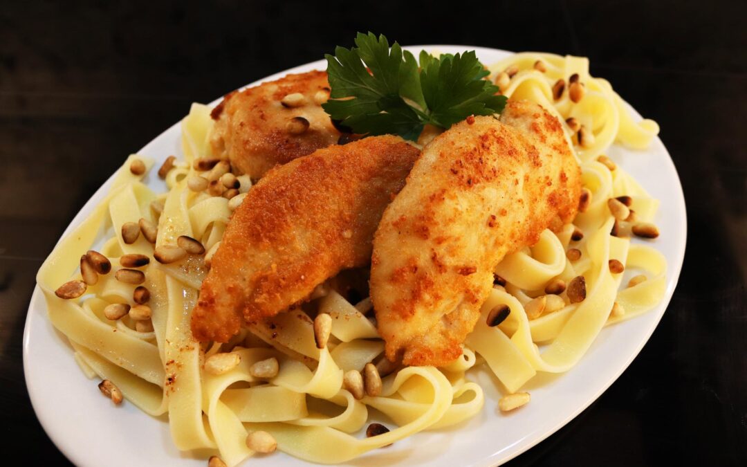 Parmesan Chicken with Fettuccini and Toasted Pine Nuts