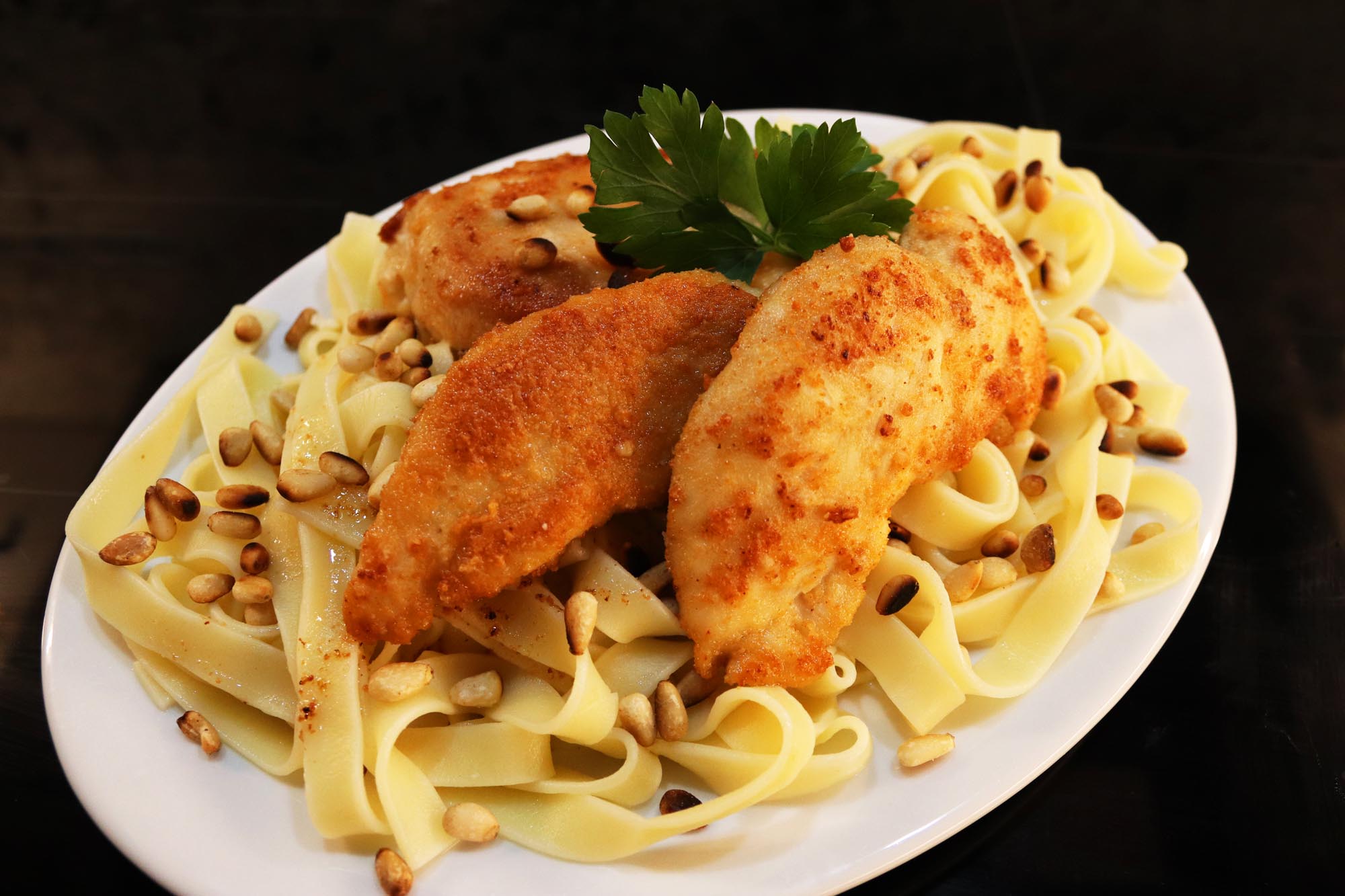 Parmesan Chicken with Fettuccini and Toasted Pine Nuts - Inspired Cuisine