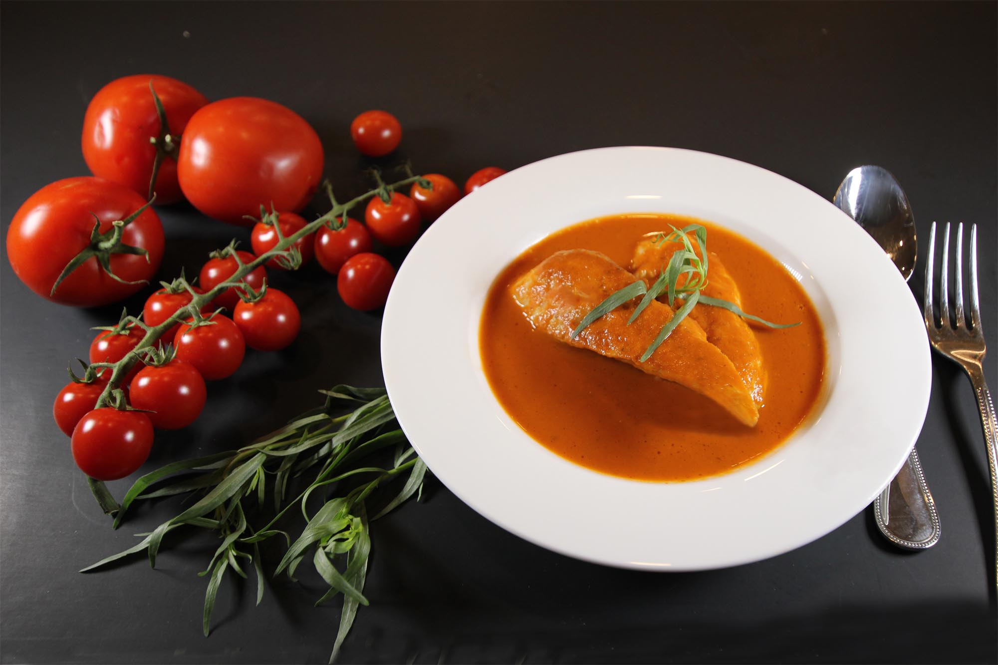 French Tarragon Chicken with White Wine Tomato Sauce - Inspired Cuisine