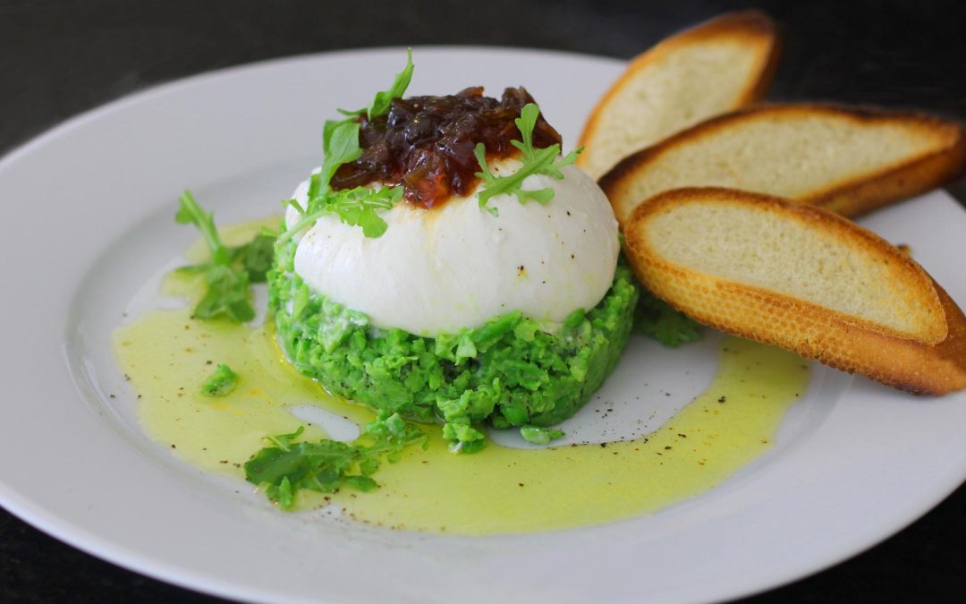 Creamy Burrata, Sweet Spring Peas and Caramelized Onions