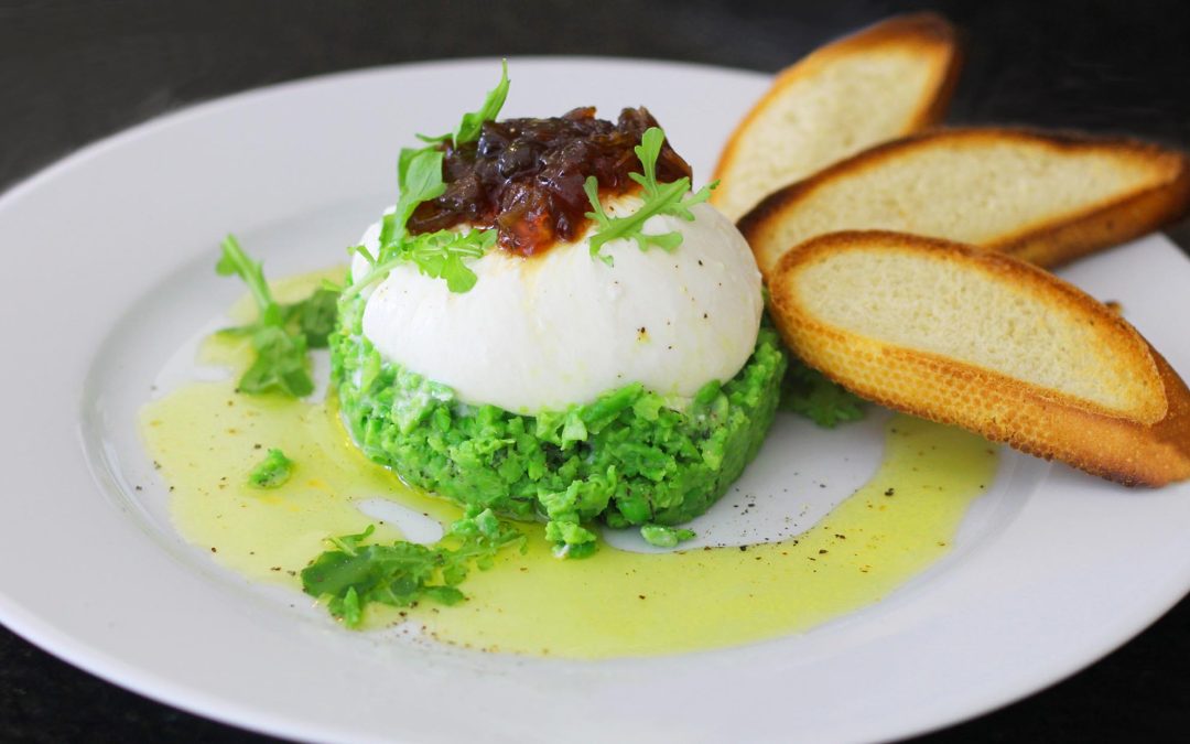Creamy  Burrata, Sweet Spring Peas and Caramelized Onions