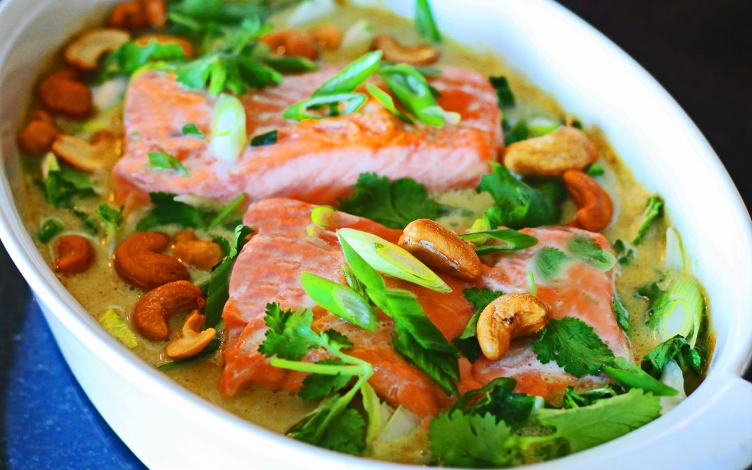 Coconut Curry Poached Salmon with Crisp Bok Choy