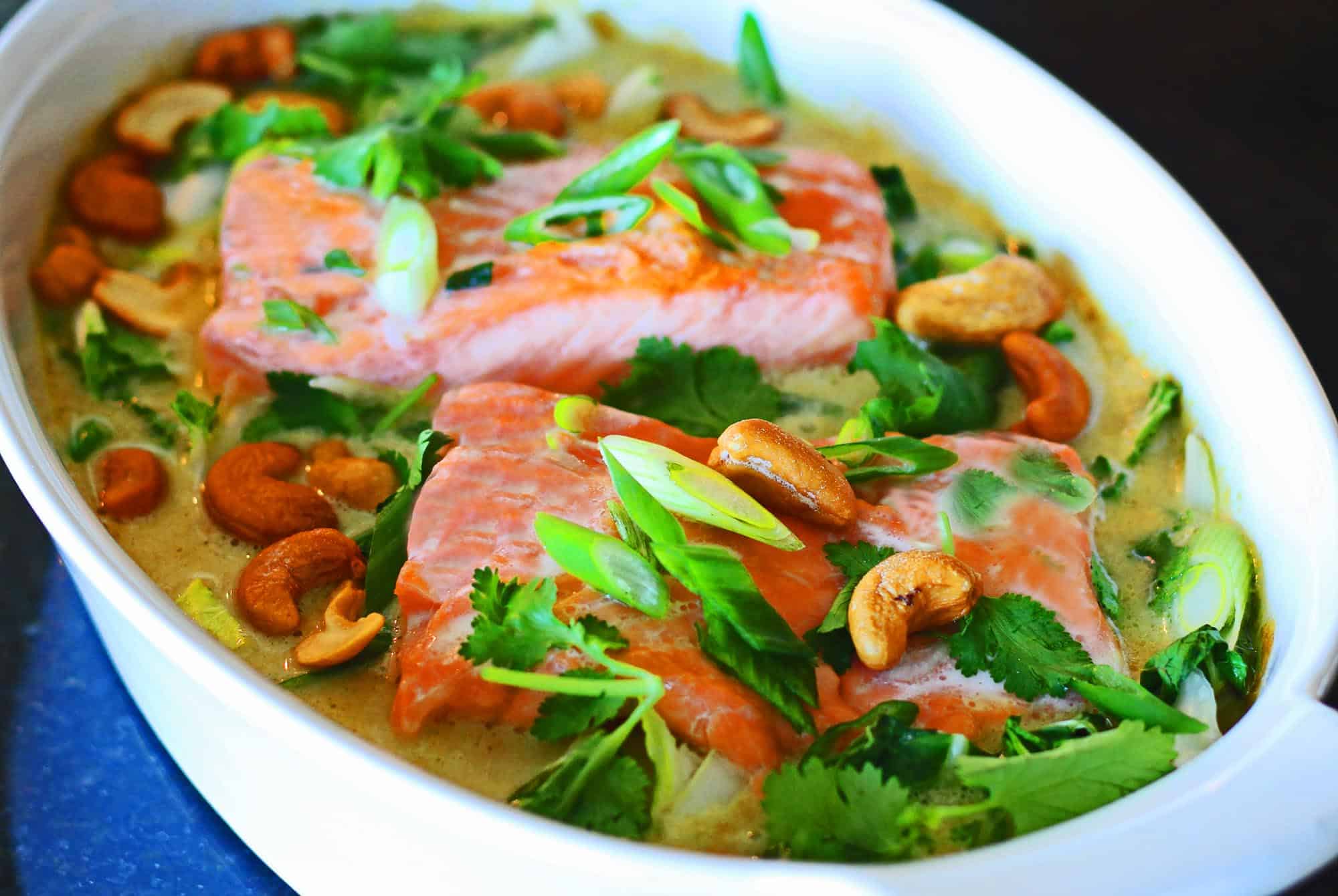 Coconut Curry Poached Salmon with Crisp Bok Choy - Inspired Cuisine