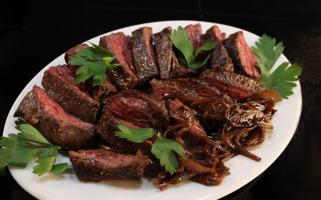 Hanger Steak and Skillet Wine Braised Shallots