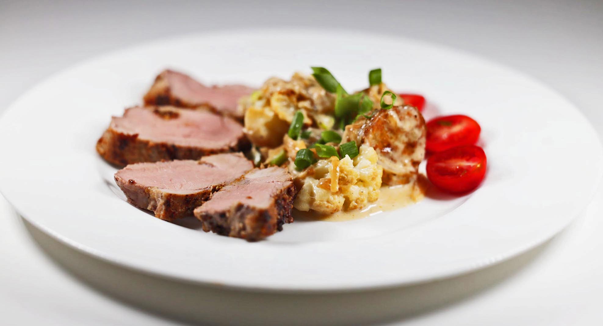 Mustard Crusted Grilled Pork with Roasted Potato and Cauliflower Salad - Inspired Cuisine