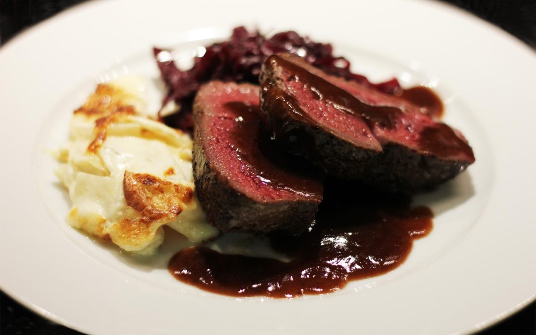 Seared Loin of Venison with Red Wine Chocolate Sauce