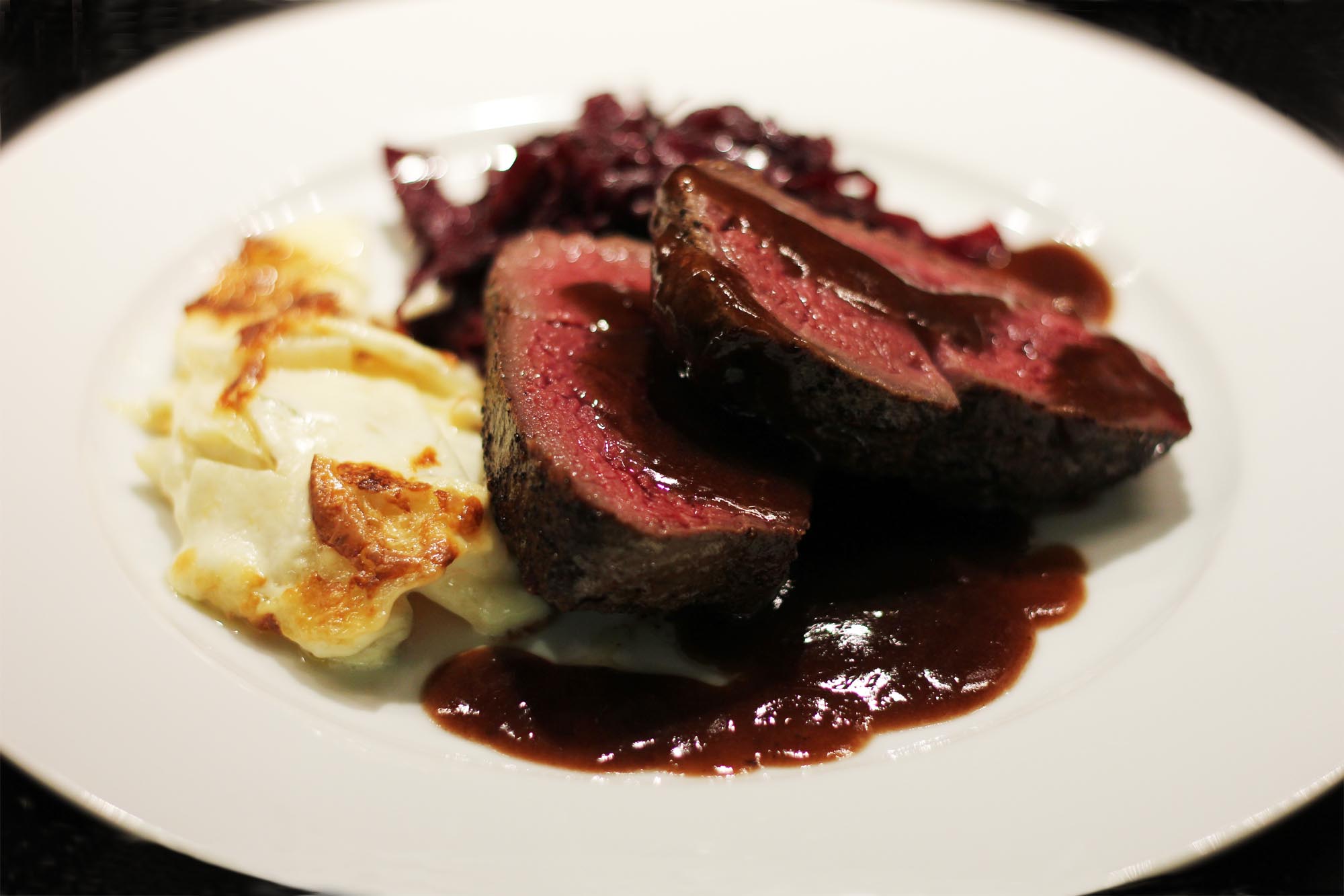 Seared Loin of Venison with Red Wine Chocolate Sauce - Inspired Cuisine