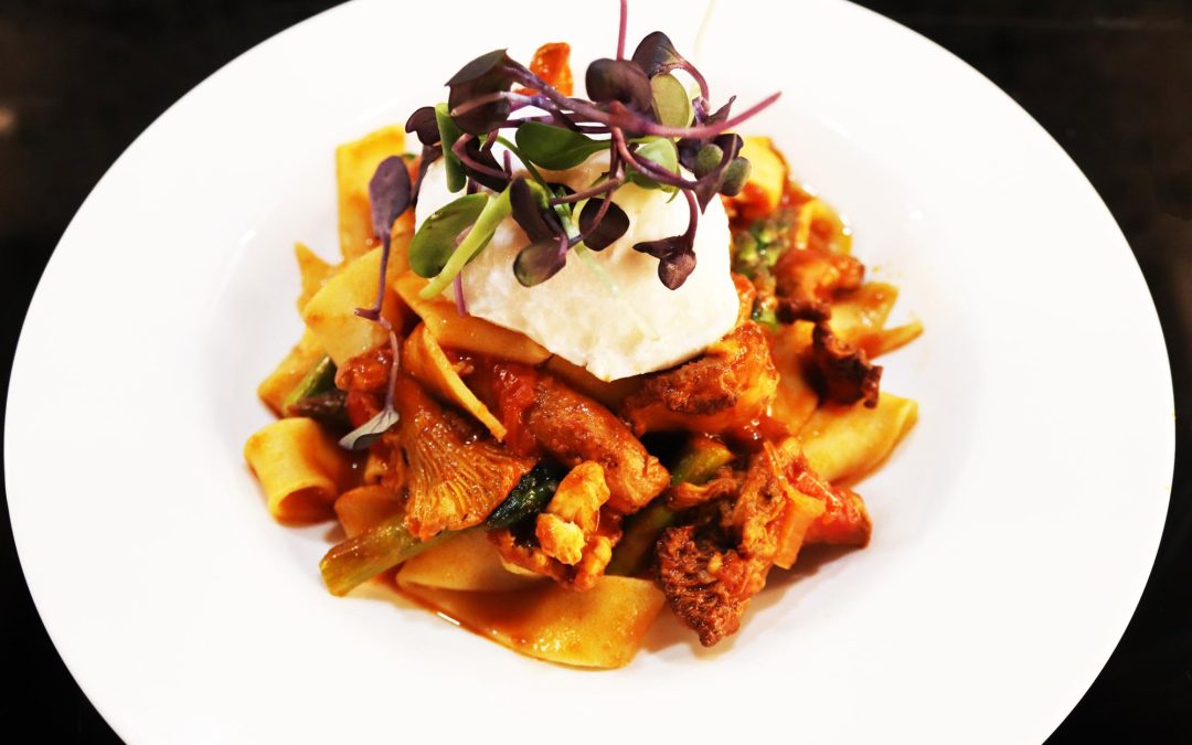 Tagliatelle, Spicy Tomato Sauce, Peppers, Mushrooms and Olives