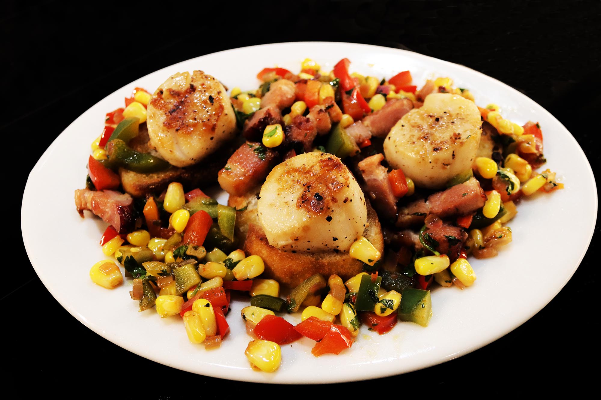 Seared Scallops with Bacon, Peppers and Corn - Inspired Cuisine