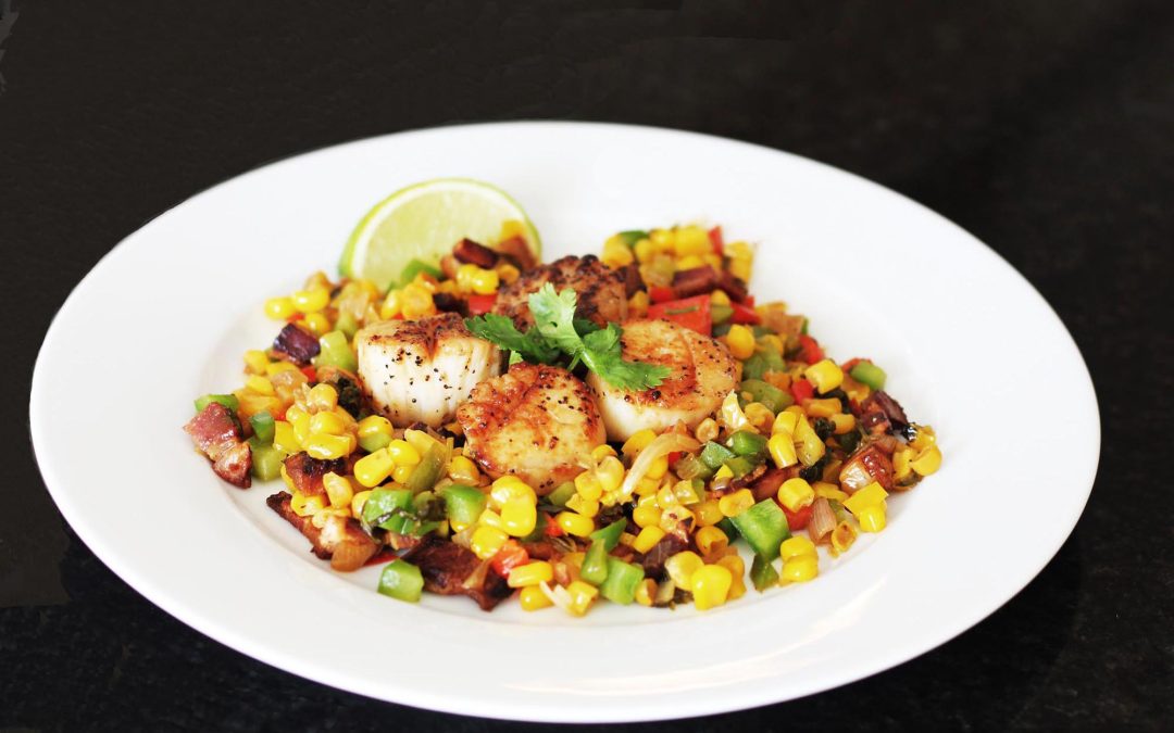 Seared Scallops with Bacon, Peppers and Corn
