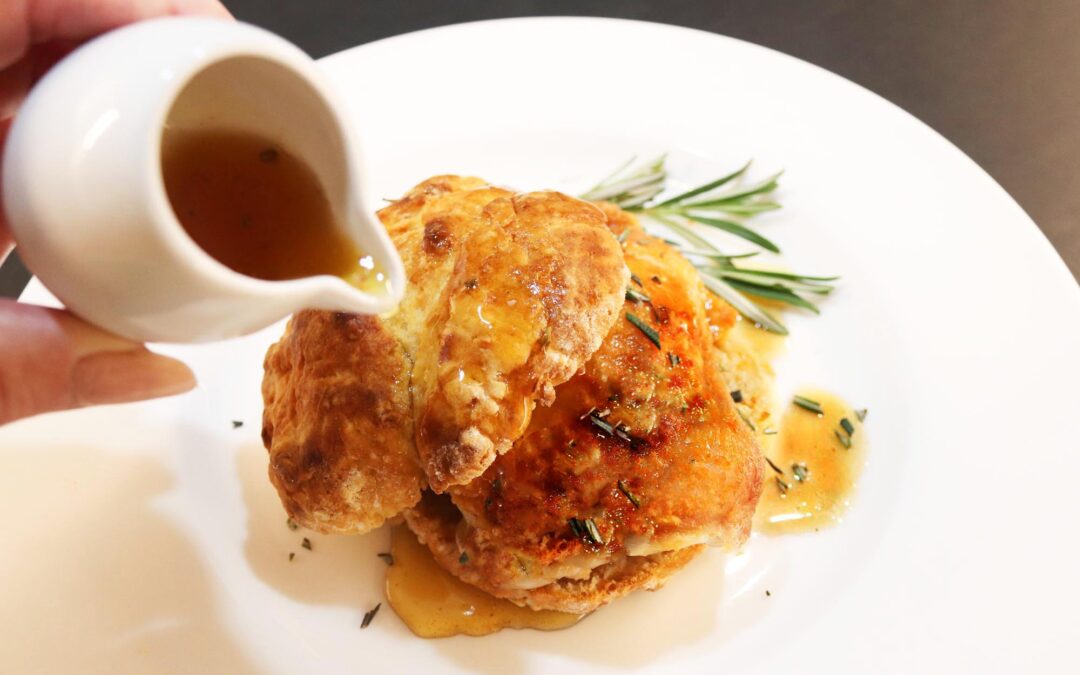 Southern Fried Chicken with Cake Biscuits and Hot Honey Gravy