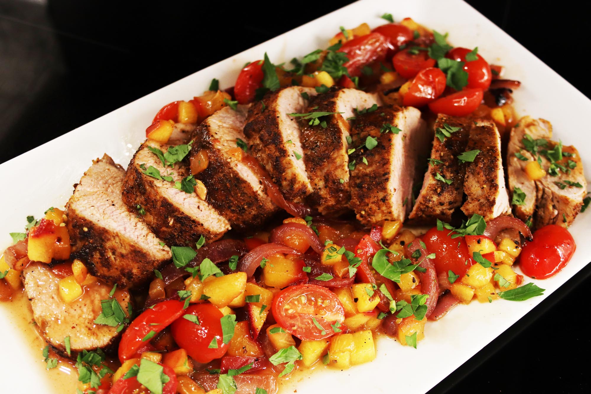 Spiced Grilled Pork Tenderloin with Tomato Peach Compote - Inspired Cuisine