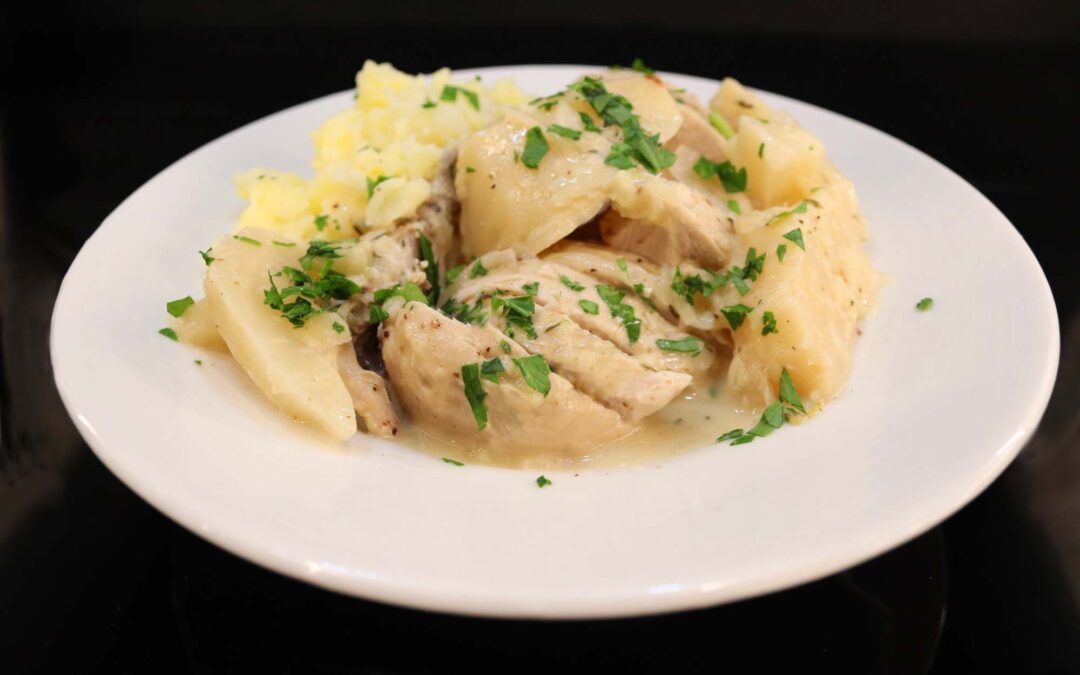 Poached Supreme of Chicken with a Garnie of Apple and Celeriac