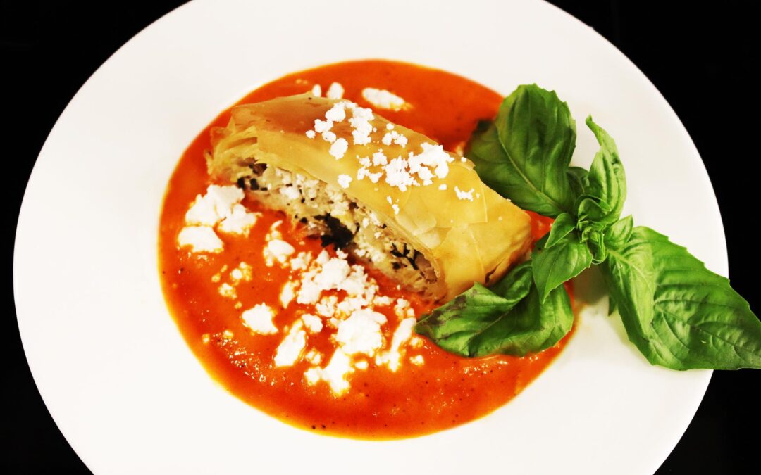 Feta Cheese and Artichoke Strudel with Piquillo Pepper Vinaigrette