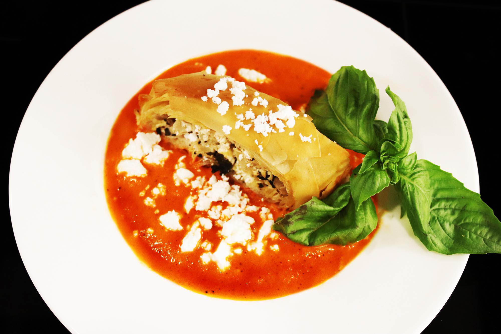 Feta Cheese and Artichoke Strudel with Piquillo Pepper Vinaigrette - Inspired Cuisine