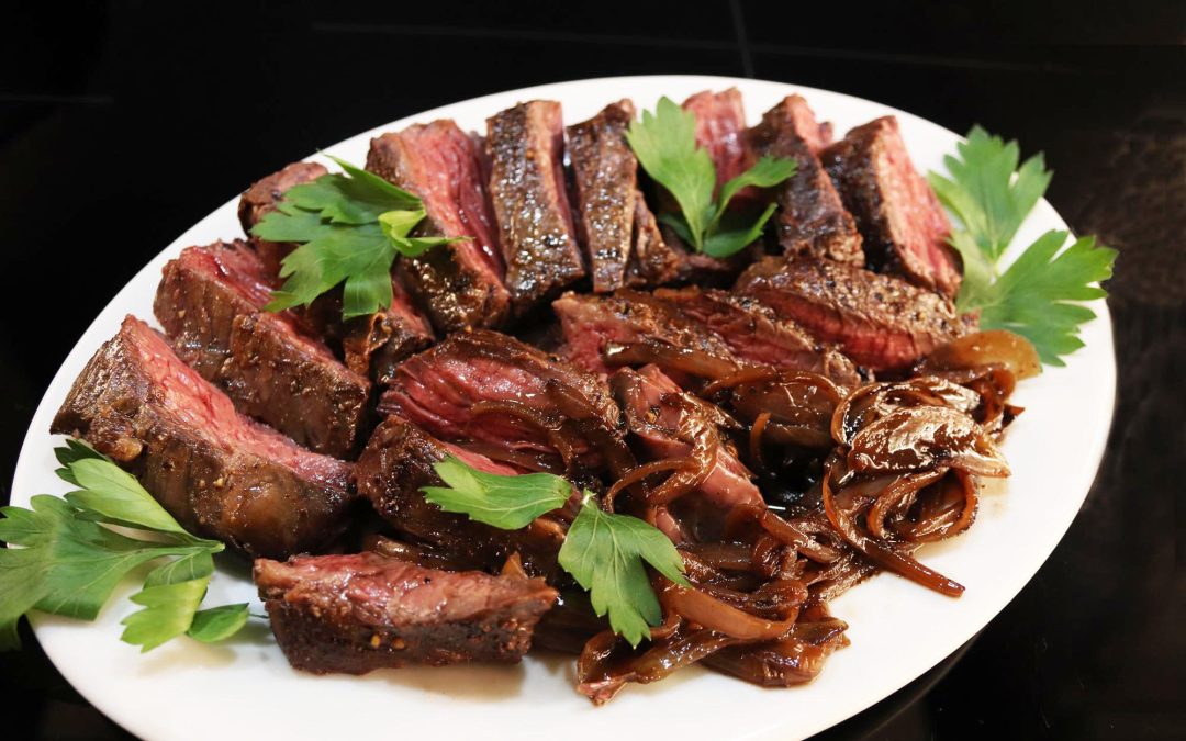 Hanger Steak and Skillet Wine Braised Shallots