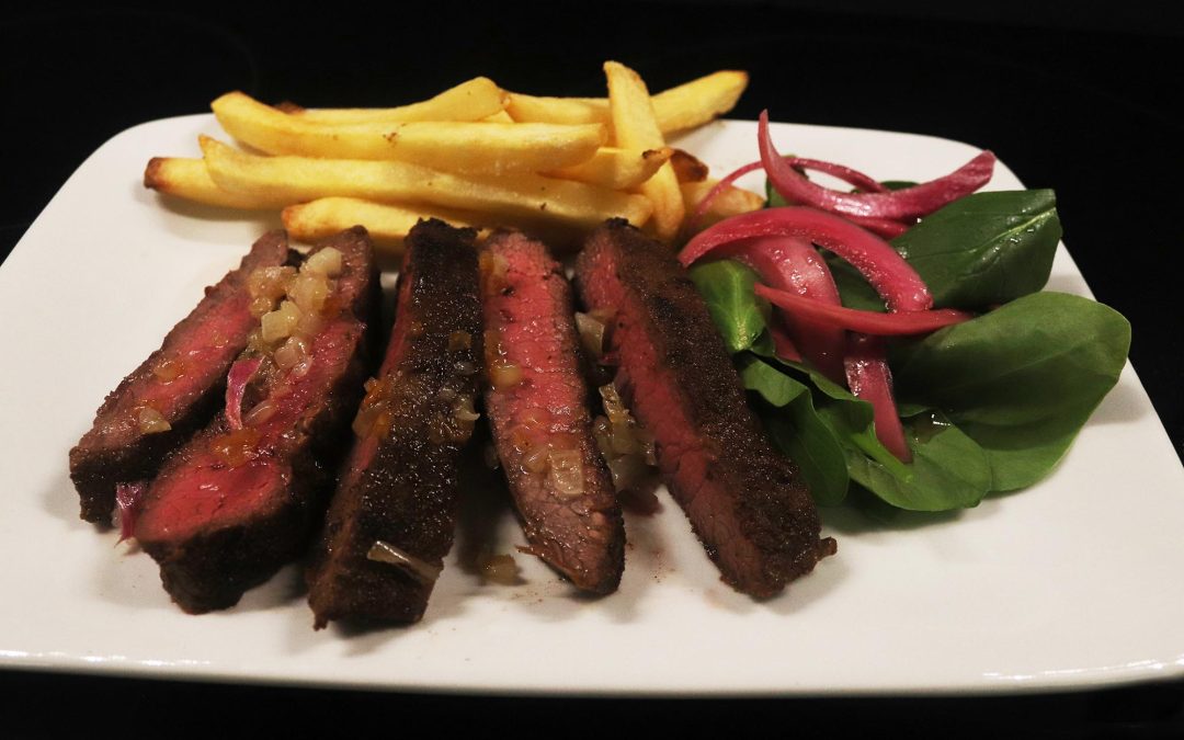 Flat Iron Steak, Fries and Caramelized Shallots