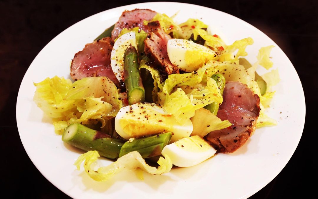 House Salad with Seared Tenderloin, Egg & Spring Asparagus