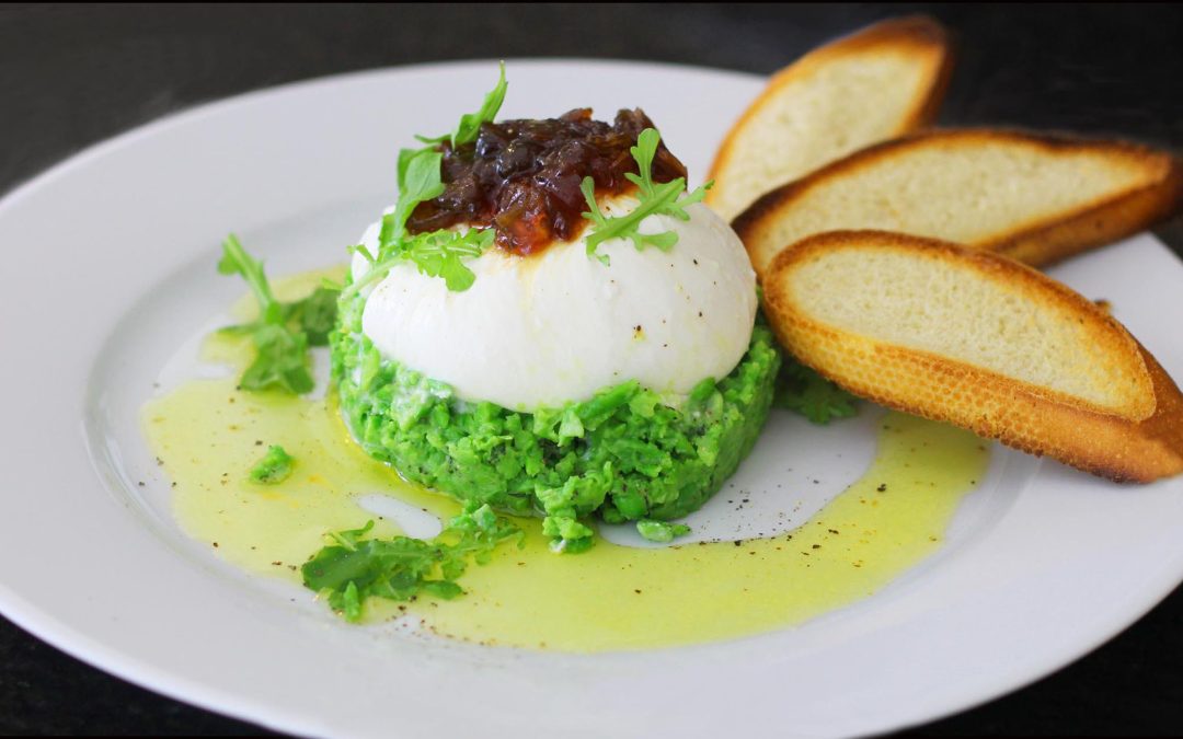 Creamy  Burrata, Sweet Spring Peas and Caramelized Onions