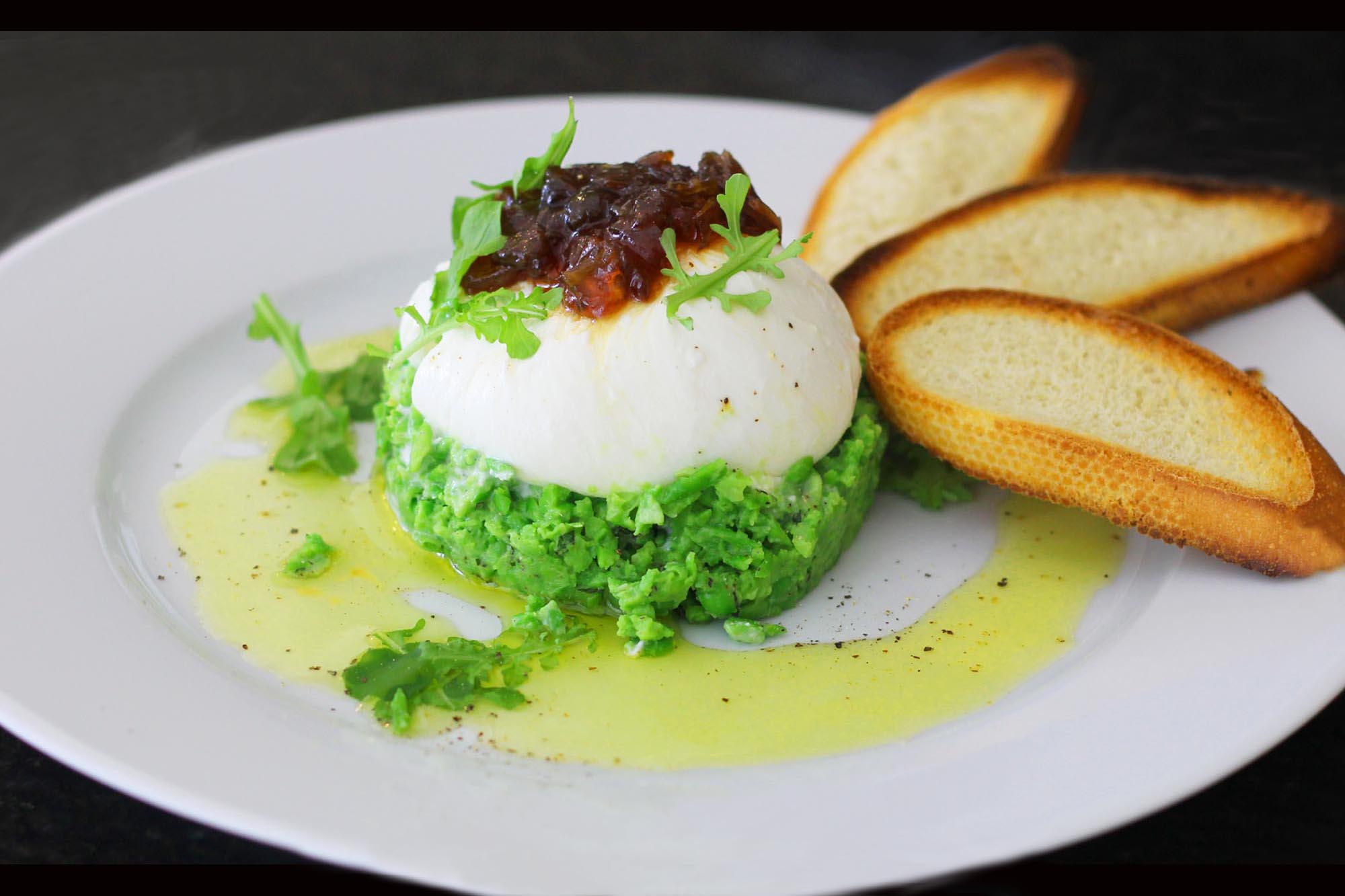 Creamy Burrata, Sweet Spring Peas and Caramelized Onions - Inspired Cuisine