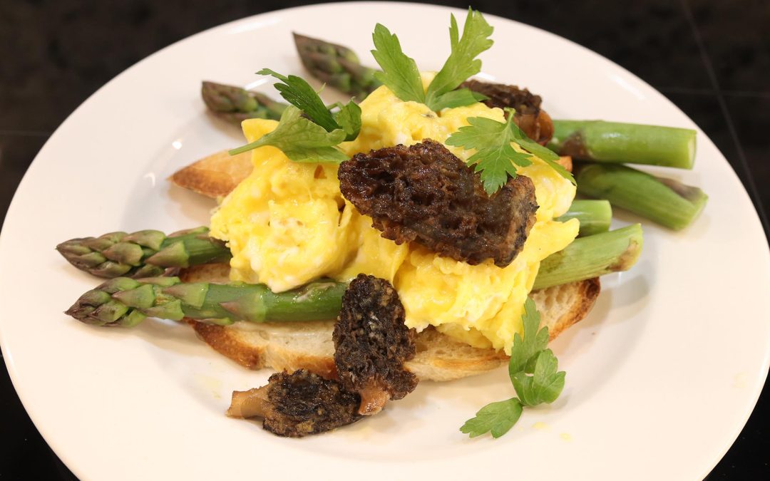 Sweet Asparagus, Sumptuous Succulent Morel Mushrooms and Fluffy Scrambled Eggs