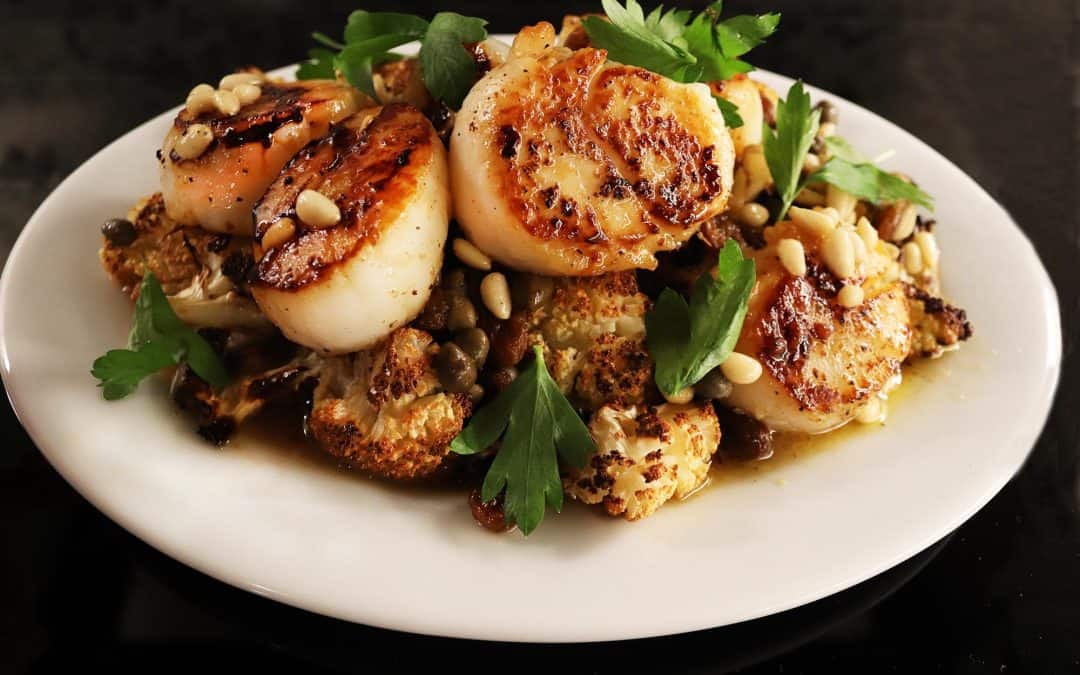 Seared Scallops with Roasted Cauliflower, Raisins and Pinenuts