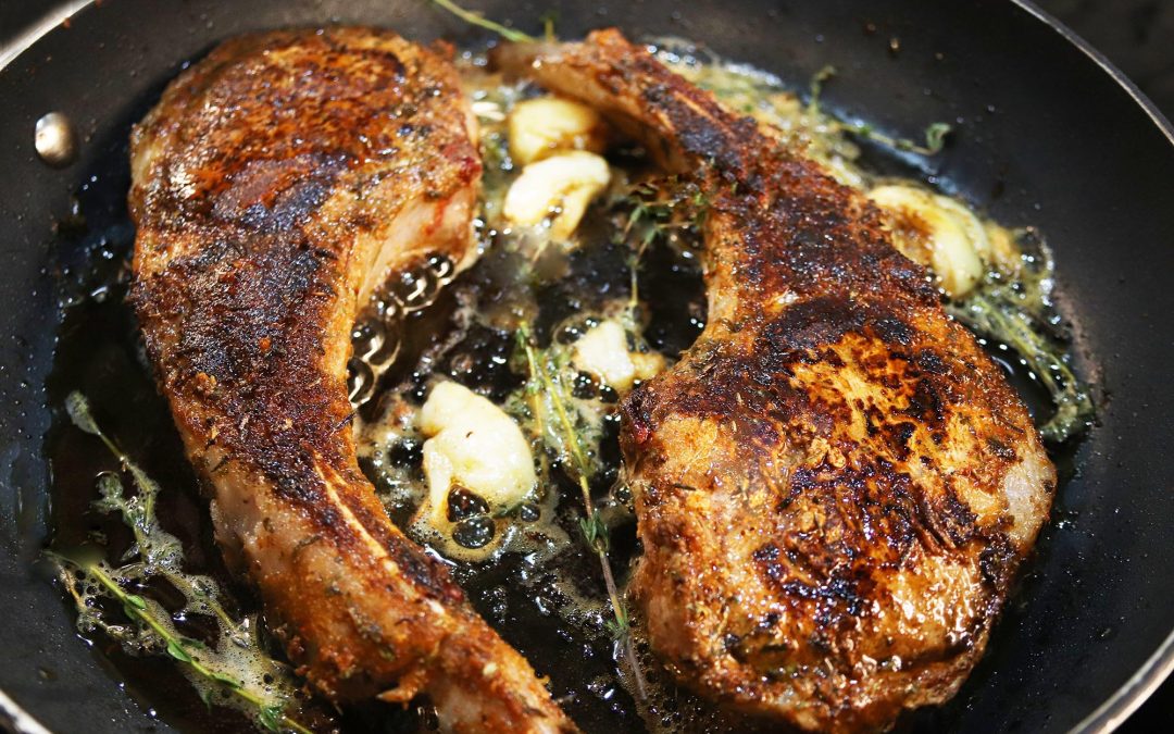Tender Seared Wild Boar Rib Chops with Garlic and Thyme